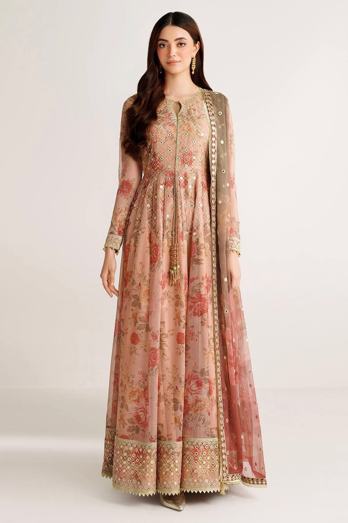 chinese dress ladies Jhoom Organza Satin Anarkali Light Pink Kurta with Lehenga Set main image 1