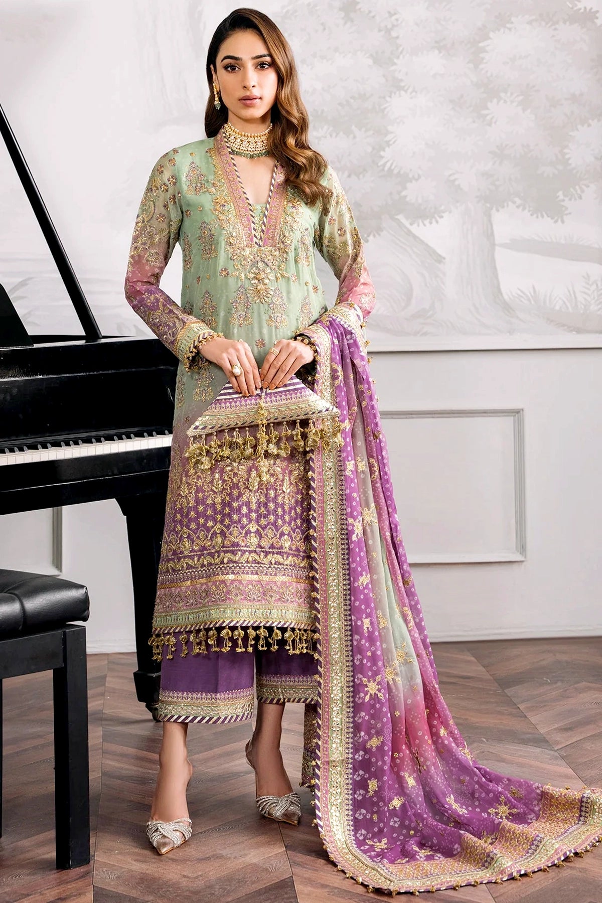 Green Kurti Style Embroidered Silk Lehenga Style Suit