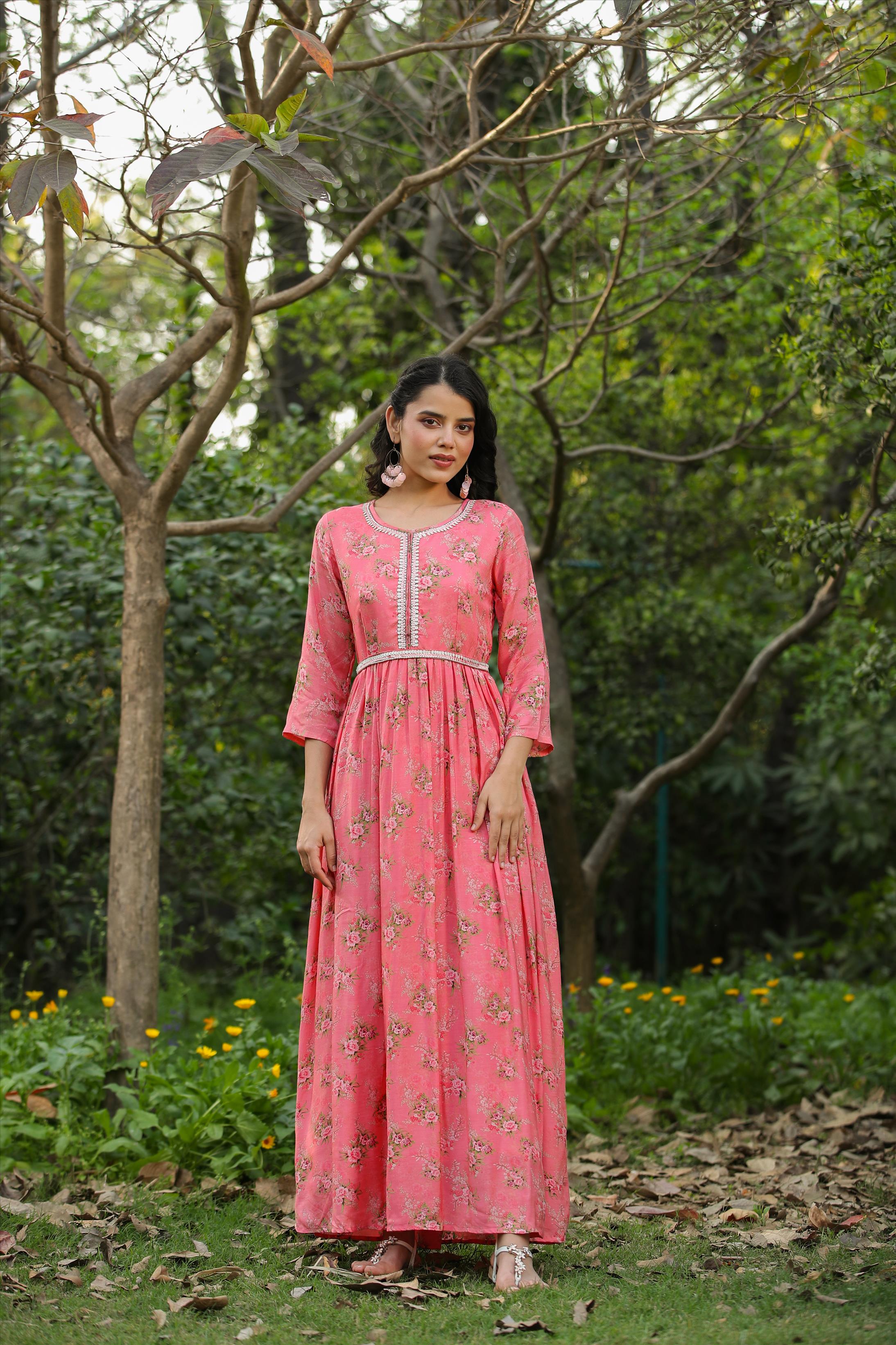 Pink Muslin Silk Floral Indian & Pakistani Anarkali Dress, Muslin Silk / Pink / M(38)