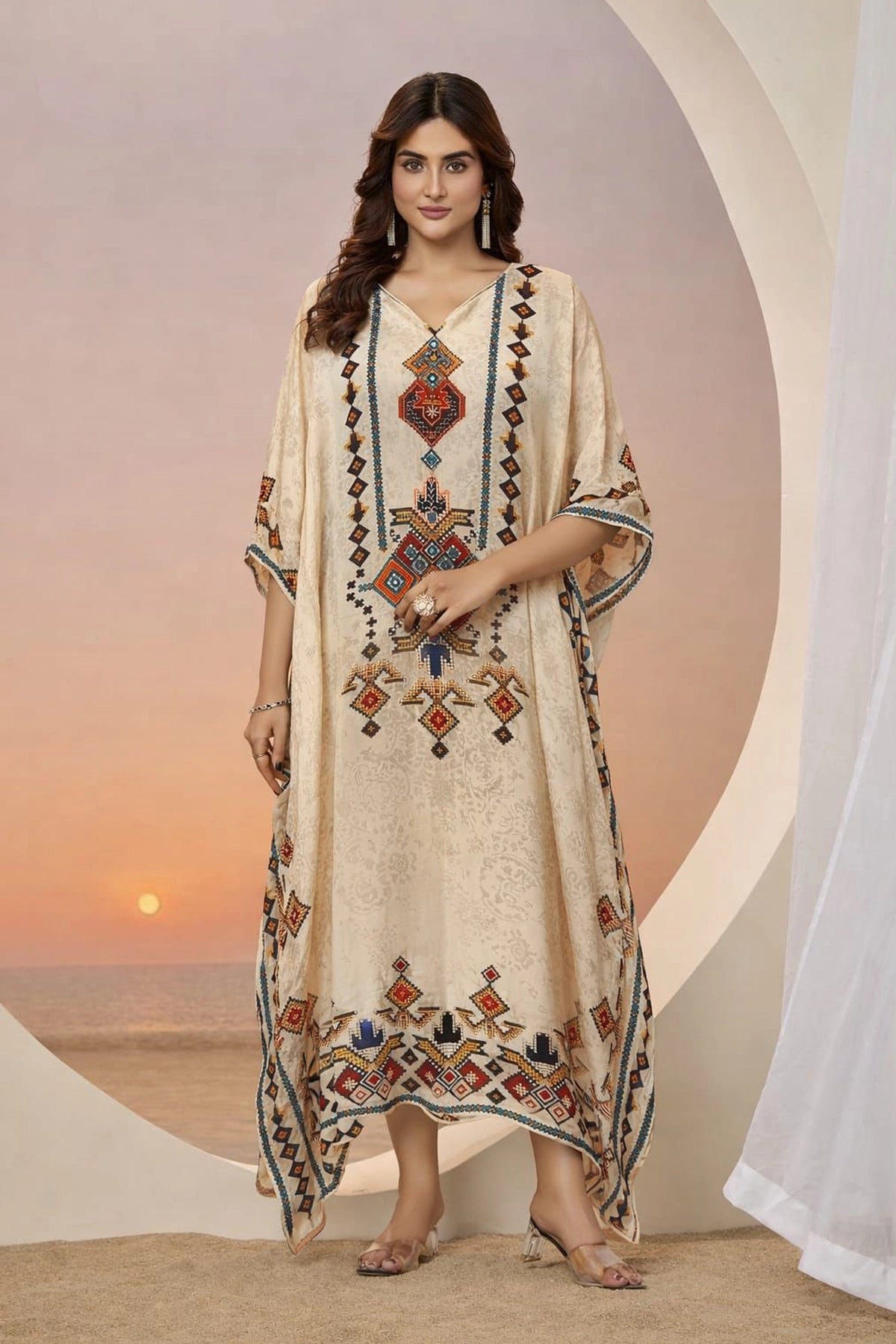 Buy Beige Hand Embroidered Chinon Silk Printed Kaftan Online