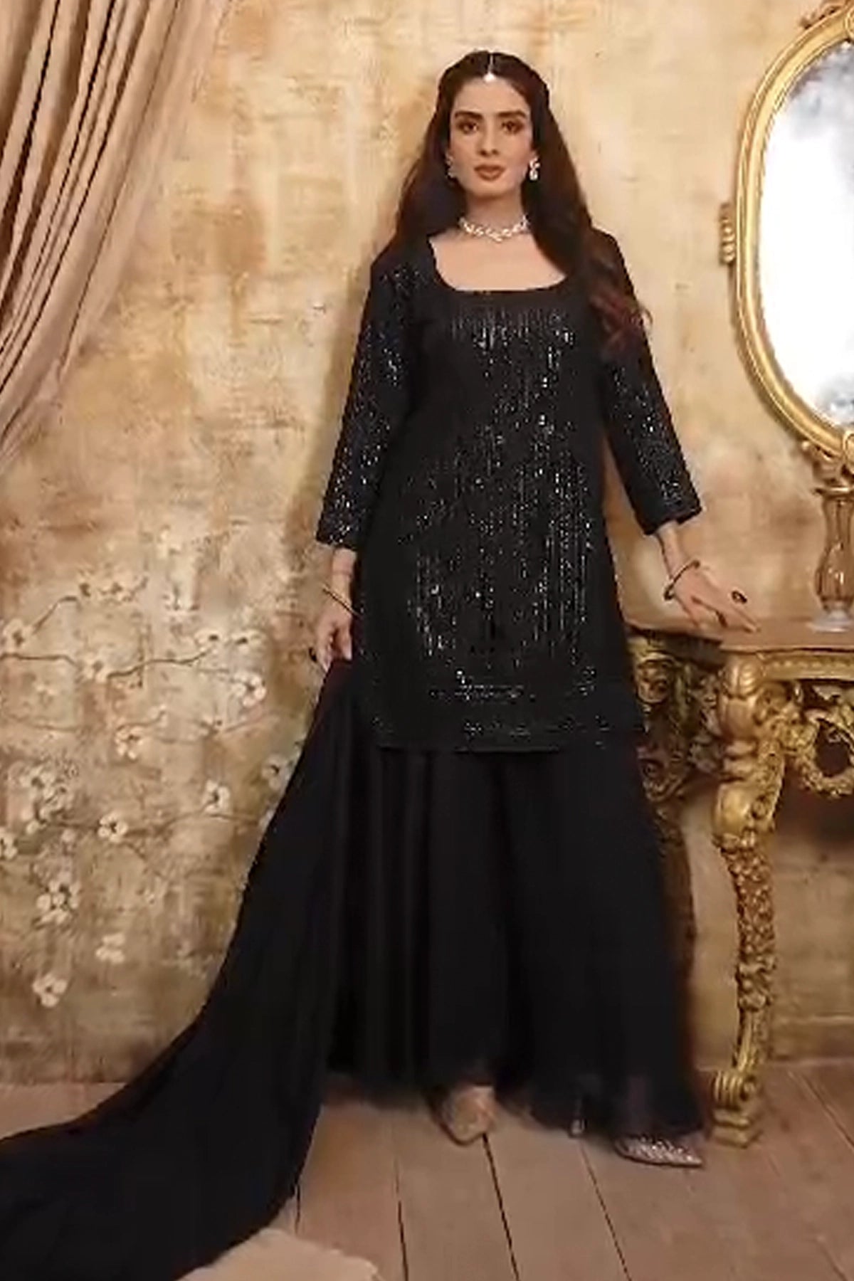 Buy Black Georgette Sequin Embroidery Kurta Sharara Set Online