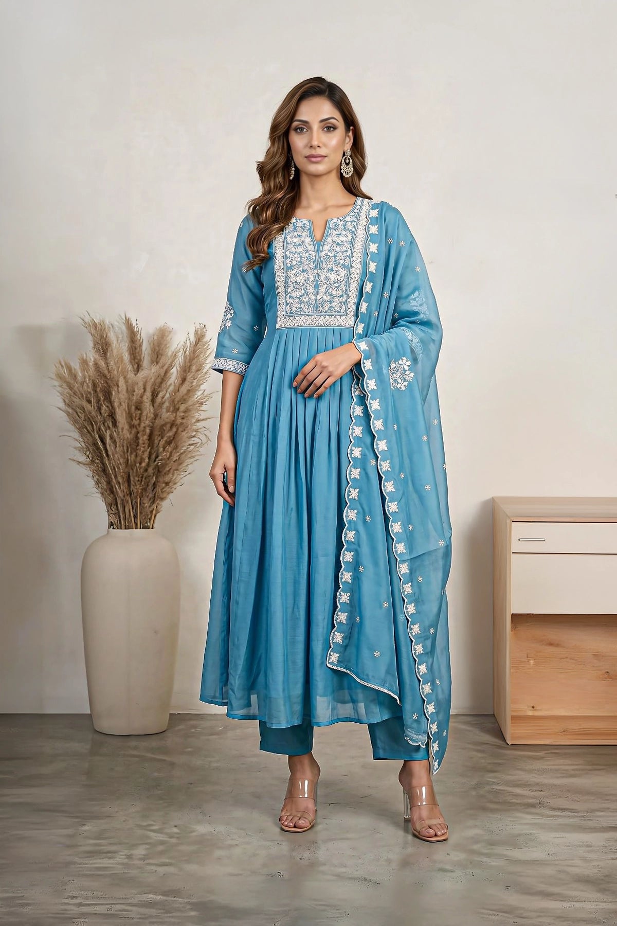 Blue Floral Embroidered Silk Blend Anarkali Suit Set