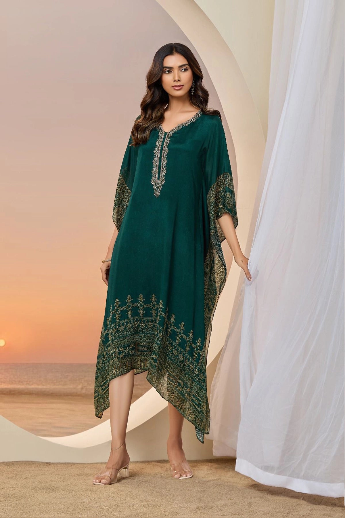 dark green kaftan dress Hand Embroidered Chinon Silk Printed Kaftan, Viscose Chinon / DarkGreen / 5XL(50) kaftan maghribi