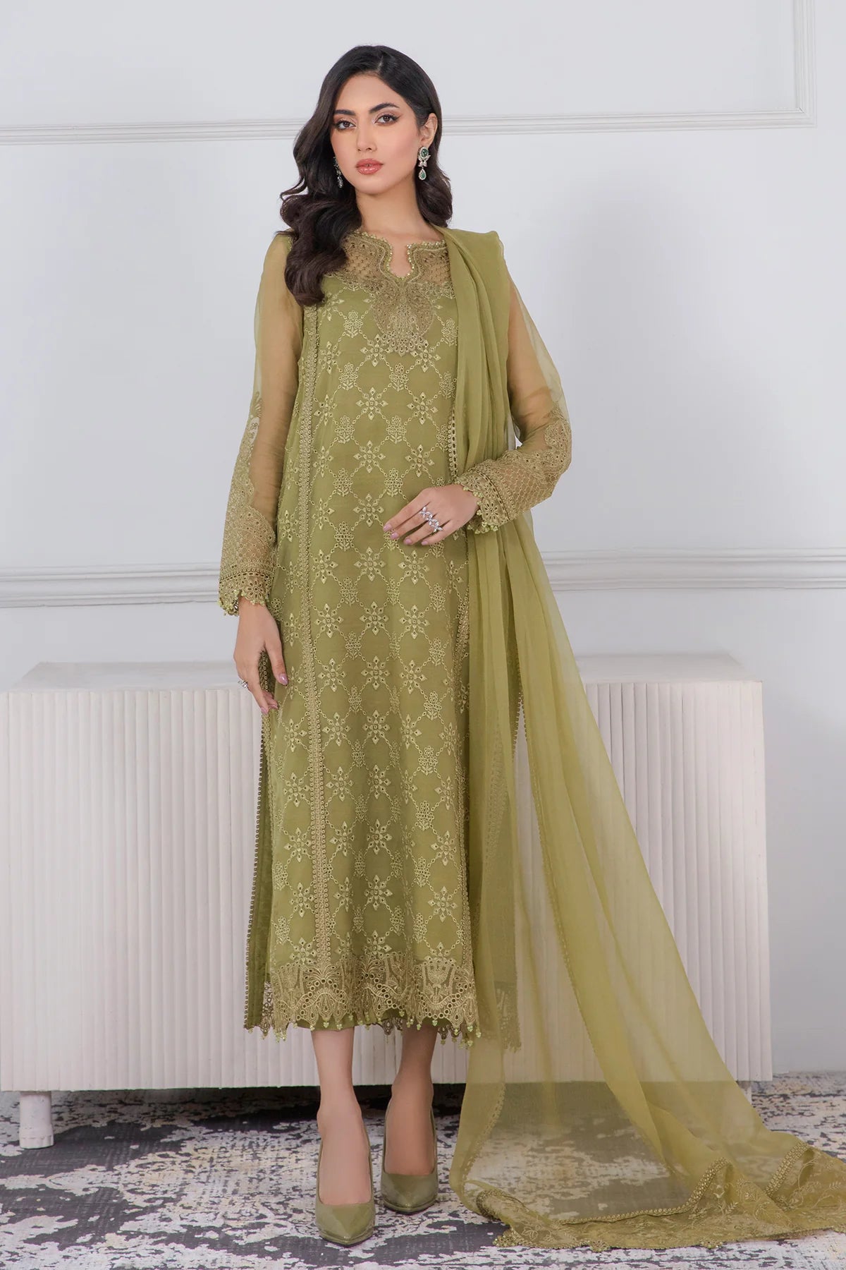 slim fit dress slacks Sea Green Schiffli Cotton Dress for Women main image 0