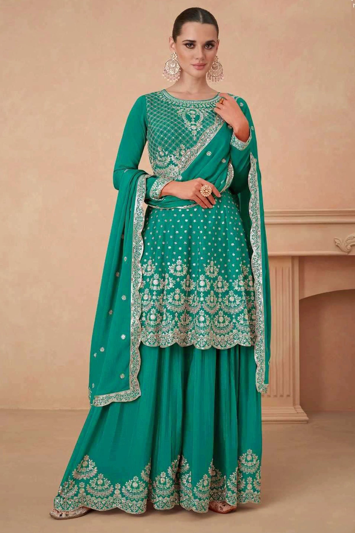 green long dress with flowers Lime Green Mirror Work Sharara Suit For Women main image 0