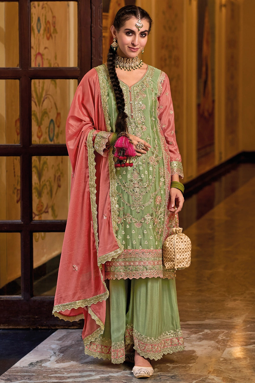 Design 2020 Pant Plazo Suit Pinkphulkari Light Green Embroidered Traditional Palazzo Indian Pakistani Suit, Chinon Silk Design 2020 Pant Plazo Suit Pinkphulkari Light Green Embroidered Traditional Palazzo Indian Pakistani Suit, Chinon Silk