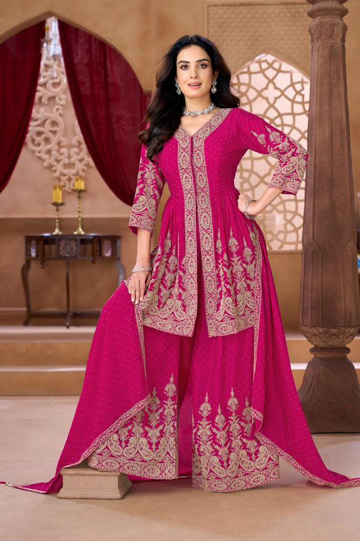 Buy Hot Pink Embroidered Silk Peplum Kurta & Sharara Set Online