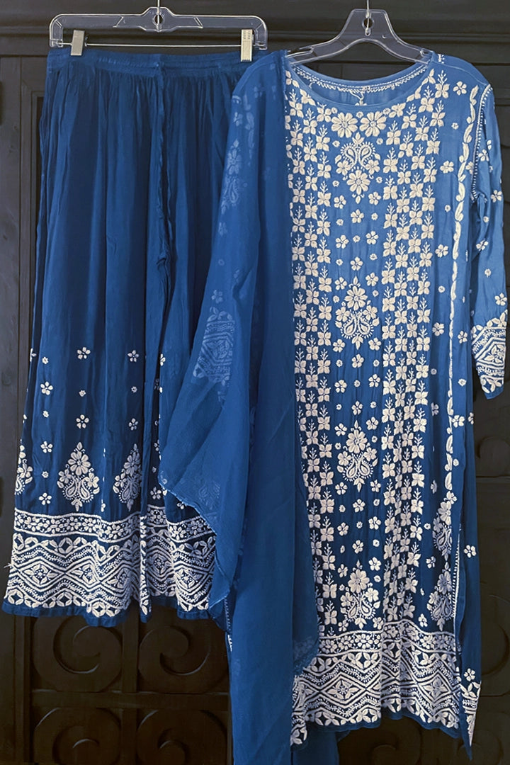 Lucknowi Style Embroidered White Silk Palazzo Suit