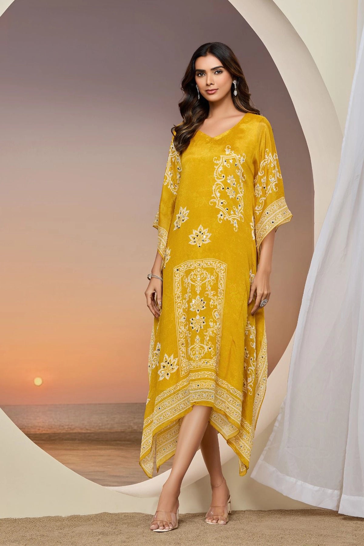 mustard yellow work dress Buy Mustard Yellow Chinon Silk Mirror Work Kaftan Online