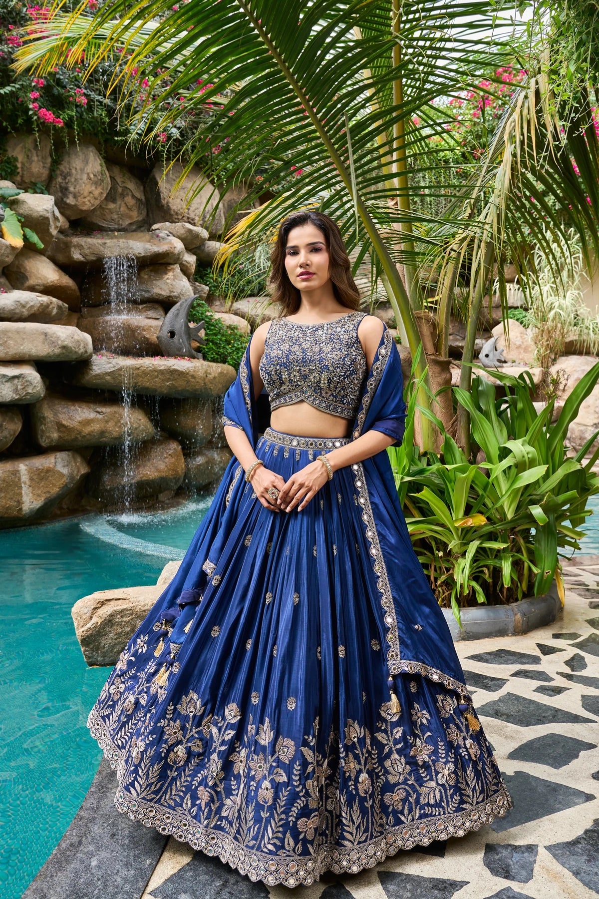 blue lehenga dress Navy Satin Crepe Mirror Work Choli Set, Silk / 3XL(46) / Navy It Is Paired With YGroup_diplomat Blue Linen Dress Calypso Color:As photo Navy Blue