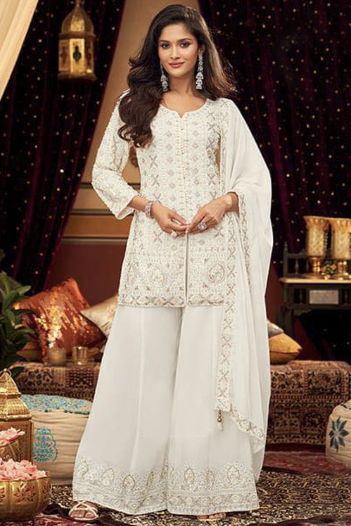Women Off White Georgette Embroidered Designer Plazzo Suit