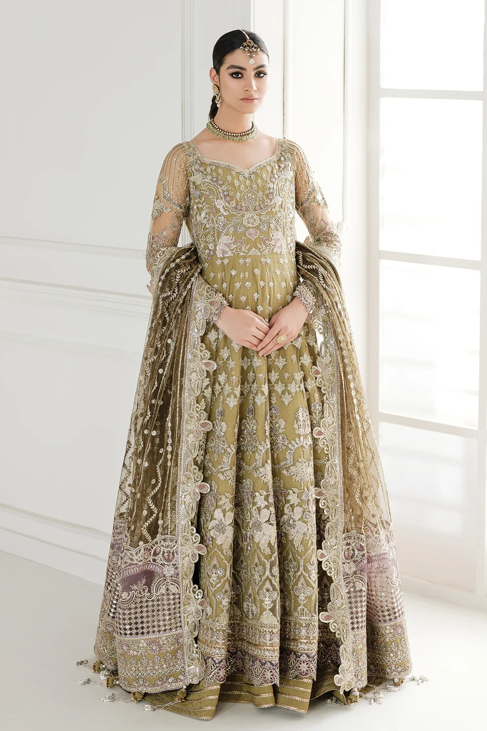 olive green anarkali dress Olive Green Bandhani Anarkali Suit for Mehendi