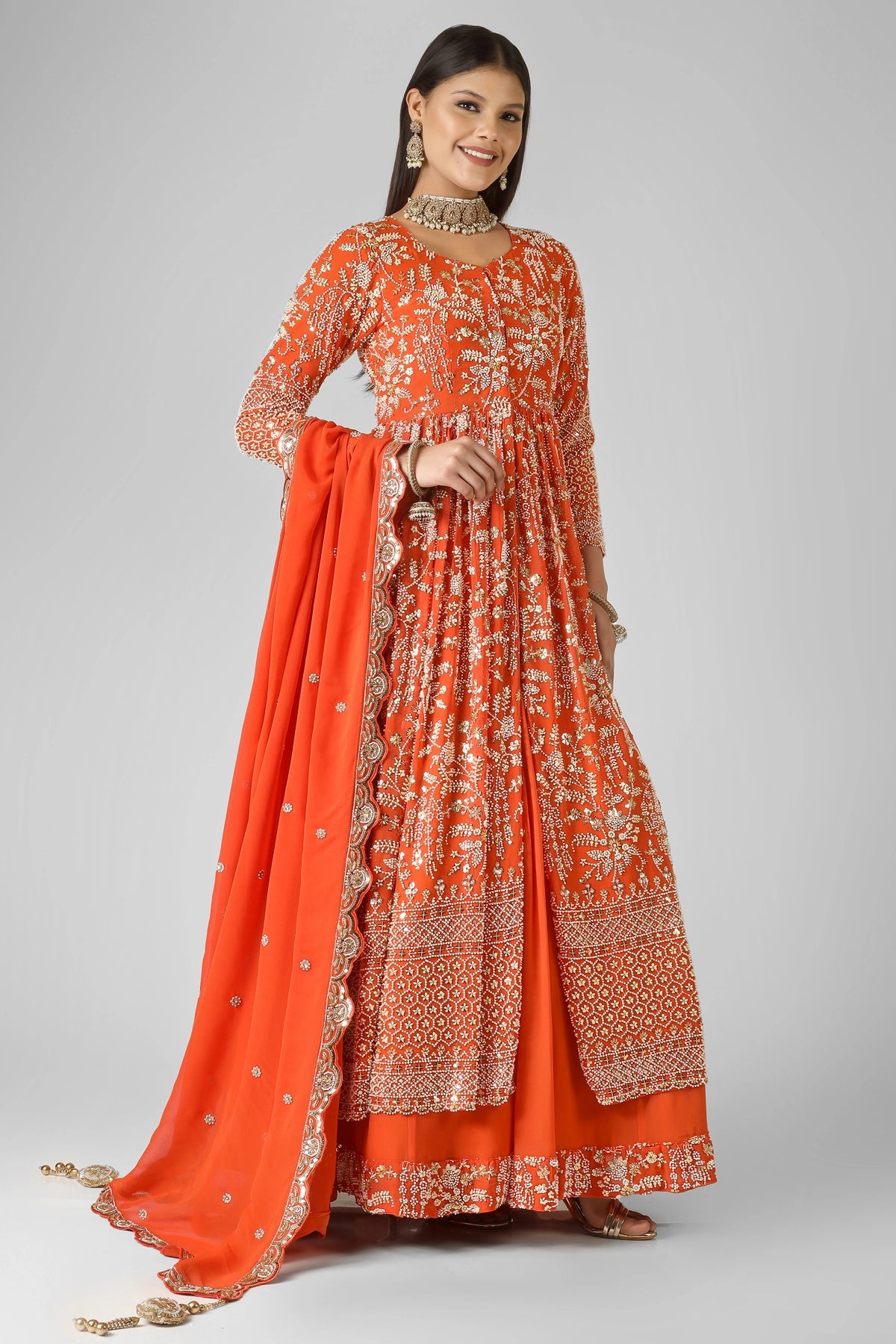 Orange Embroidered Jacket Style Indian & Pakistani Anarkali Dress W-27, Georgette / OrangeRed / S(36) Orange Embroidered Jacket Style Indian & Pakistani Anarkali Dress W-27, Georgette / OrangeRed / S(36)