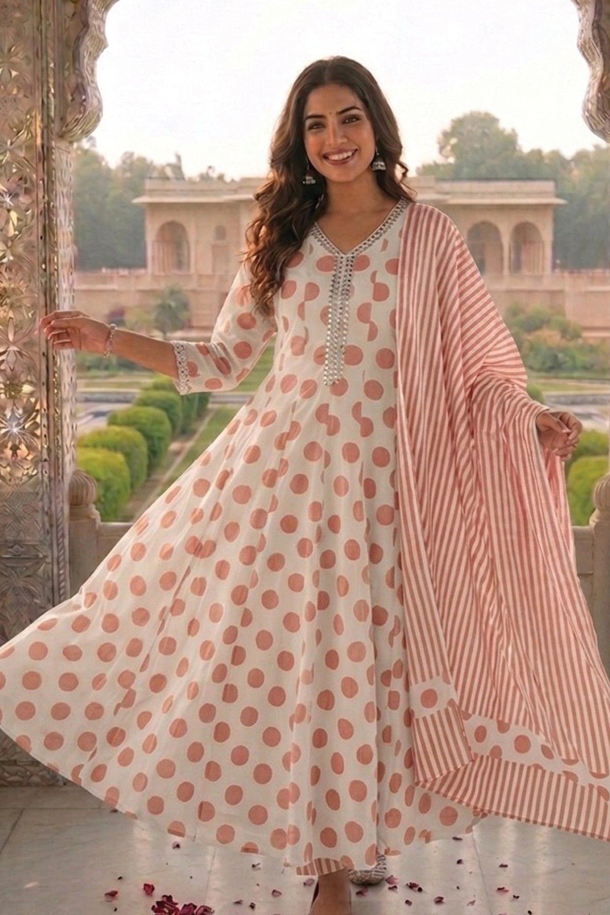 Ivory & Pink Cotton Anarkali Kurta Set