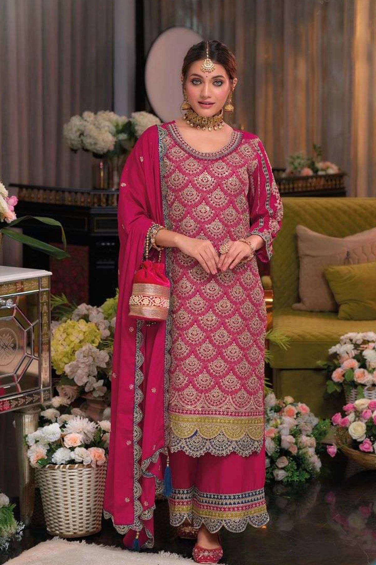 Soft Pink Chinon Floral Printed Fit and Flare Kurta Set with dupatta