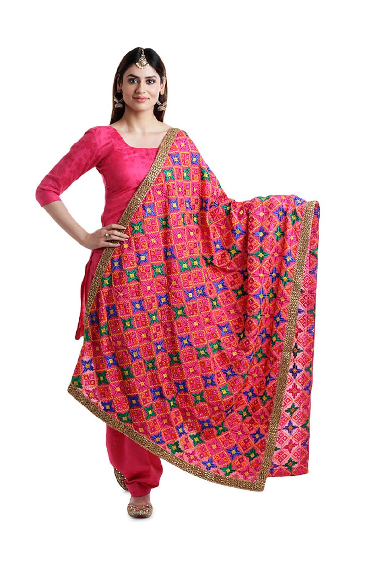 Plain Patiala Suit with Heavy Dupatta at PinkPhulkari California Cotton DeepPink L 40