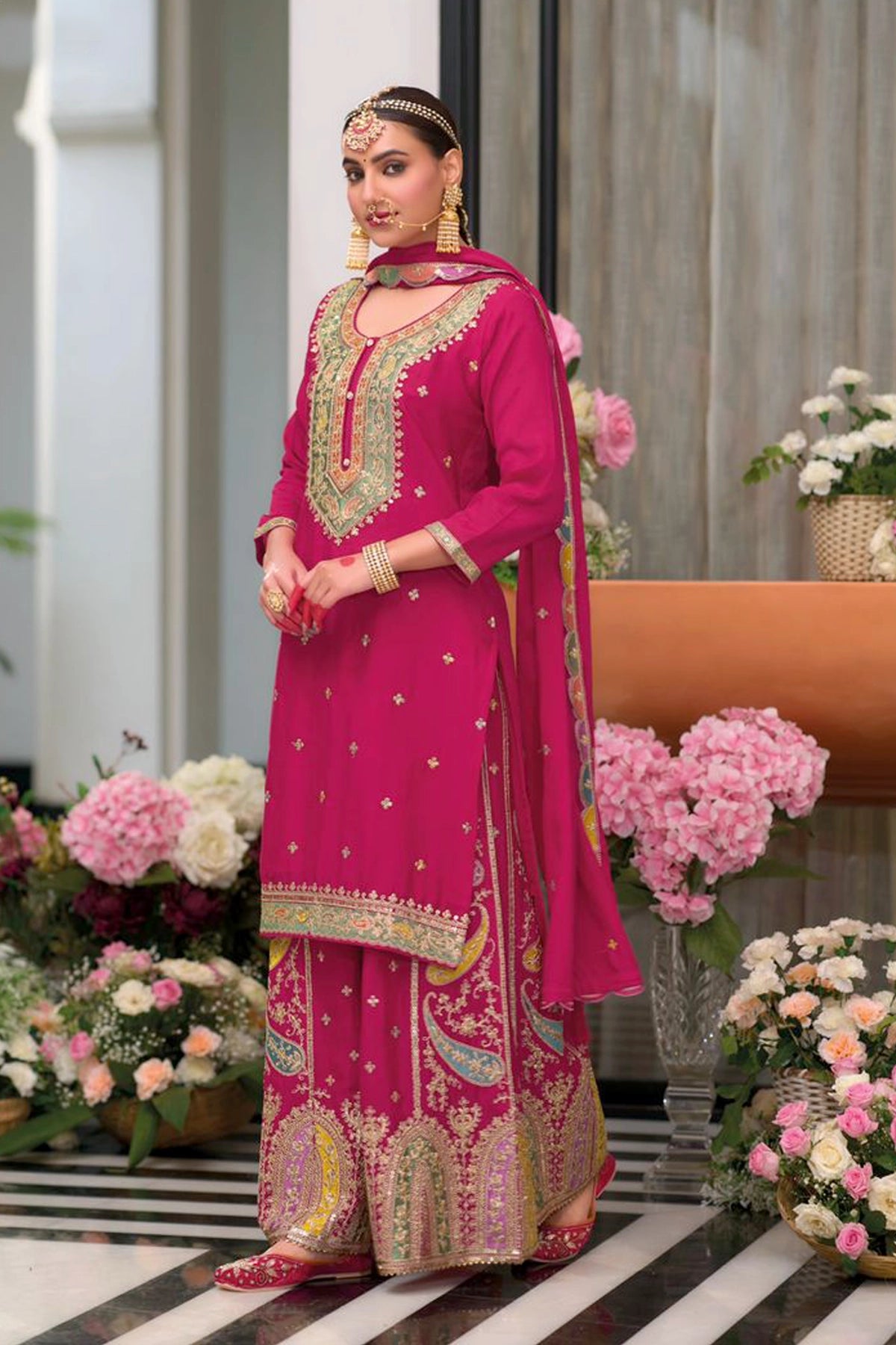 Designer Real Chinnon Pink Embroidered Palazzo Suit