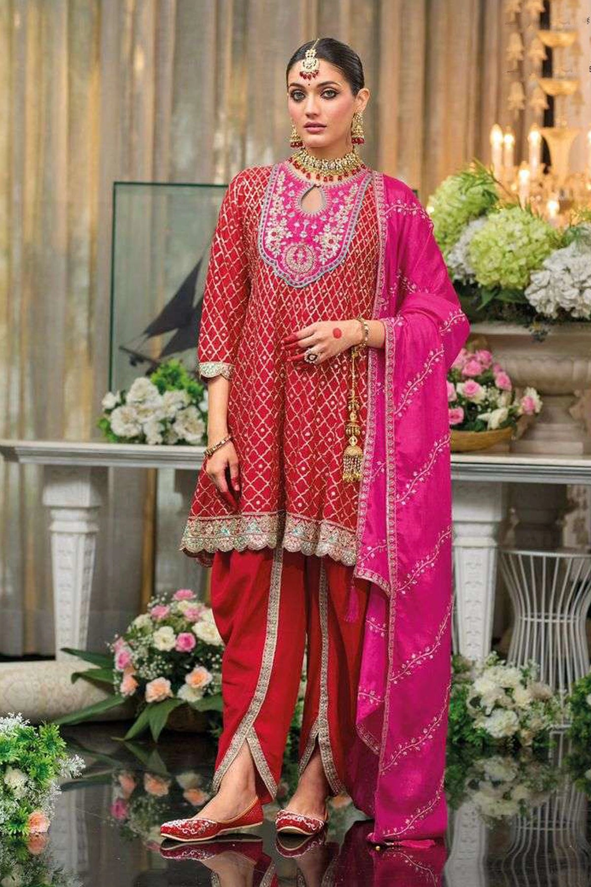 Buy Chinon Silk Embroidered Short Anarkali Dhoti Style Suit Online