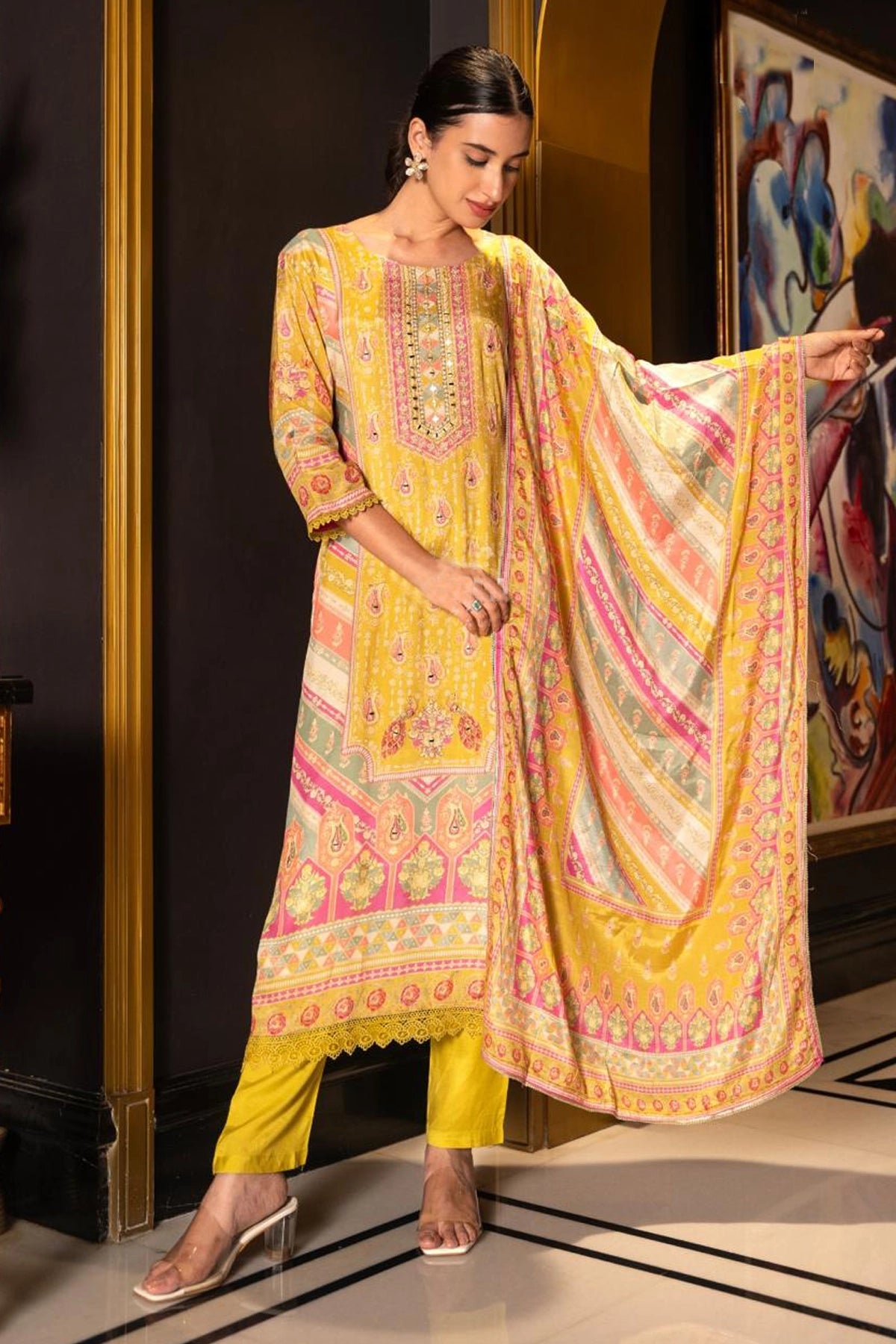 Yellow Blue Multi Elephant Short Kurta