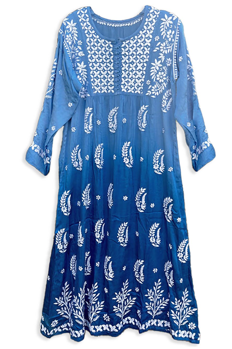 Satin Silk Lucknowi Chikankari Ladies A Line Kurta Satin Silk / DarkBlue / L(40)