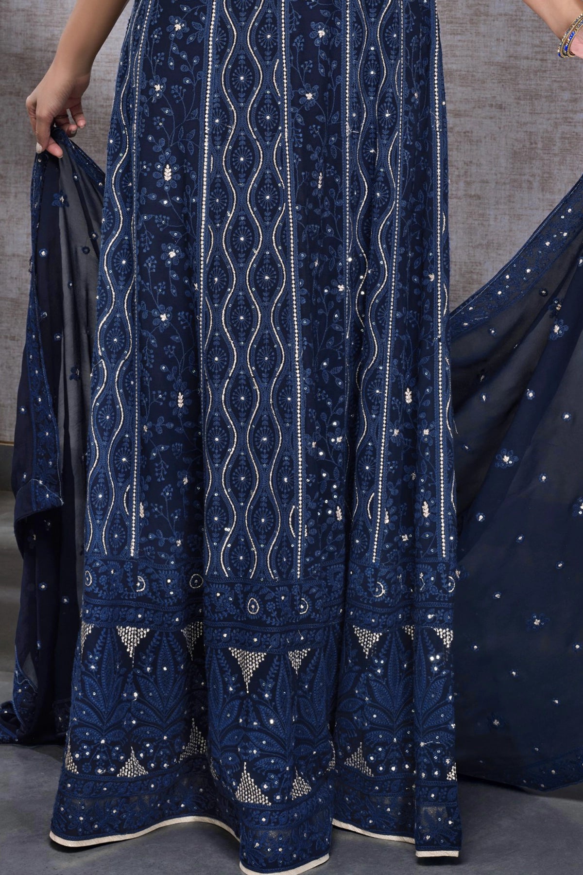 Buy Navy Blue Hand Embroidered Georgette Anarkali Set at PinkPhulkari 