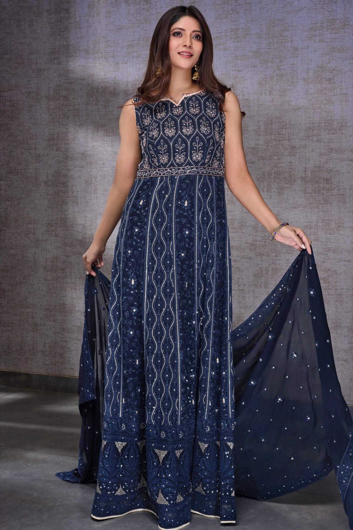 Buy Navy Blue Hand Embroidered Georgette Anarkali Set at PinkPhulkari 