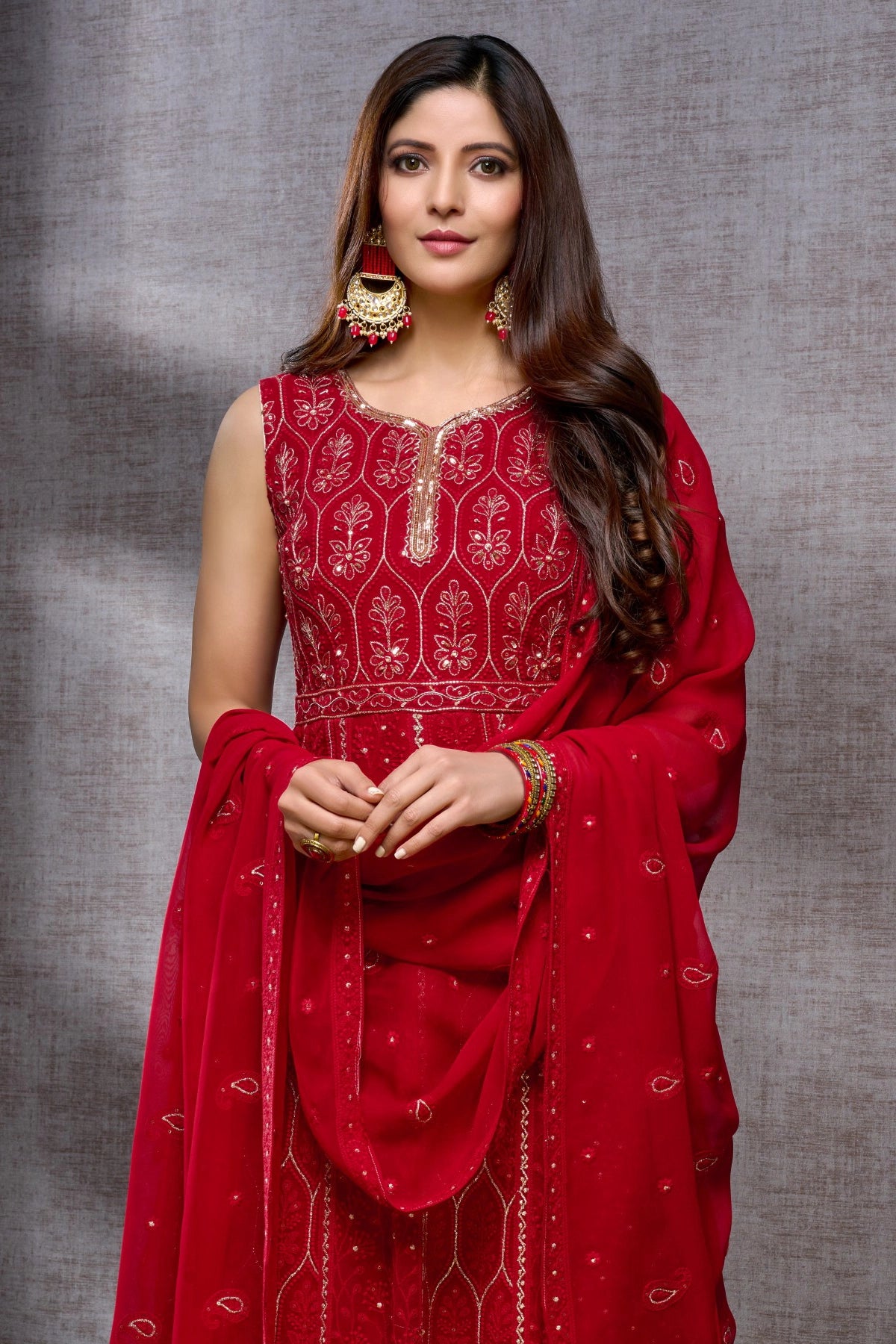 Buy Maroon Hand Embroidered Georgette Anarkali Set at PinkPhulkari 