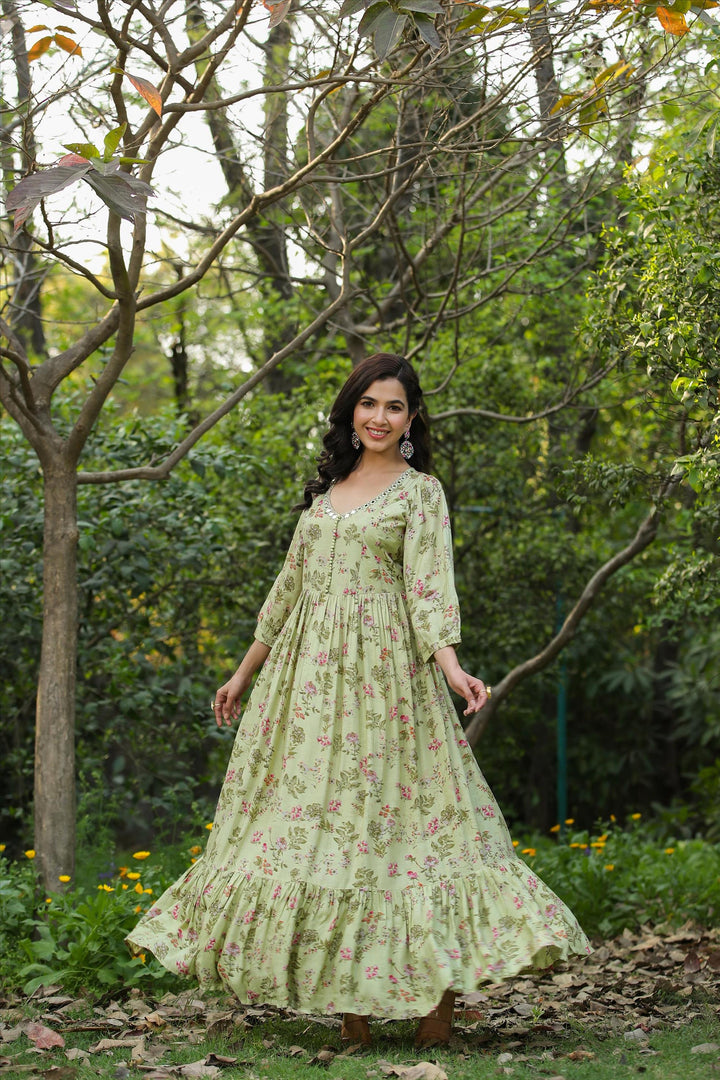 Buy Green Muslin Silk Floral Anarkali Dress Online