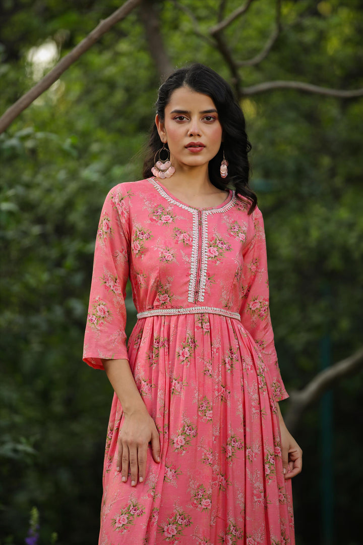 Pink Muslin Silk Floral Indian & Pakistani Anarkali Dress, Muslin Silk / Pink / M(38)
