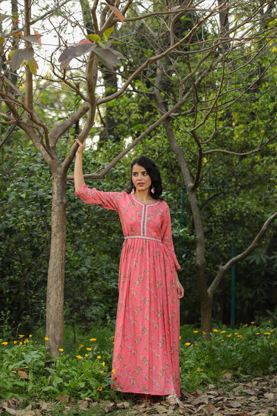 Pink Muslin Silk Floral Anarkali Dress at PinkPhulkari CaliforniaPink Muslin Silk Floral Anarkali Dress at PinkPhulkari California