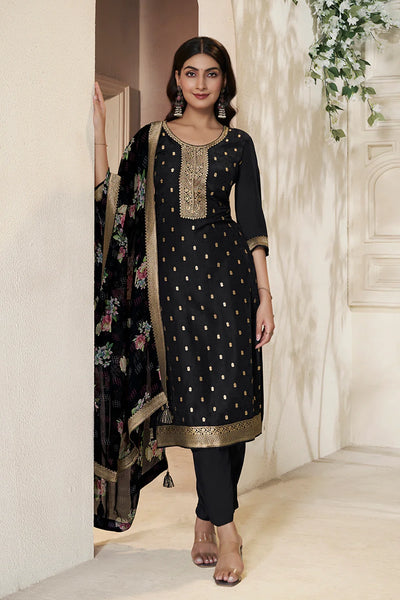  Black Dola Silk Jacquard Weave Embroidered Pant Style Kurta Set 