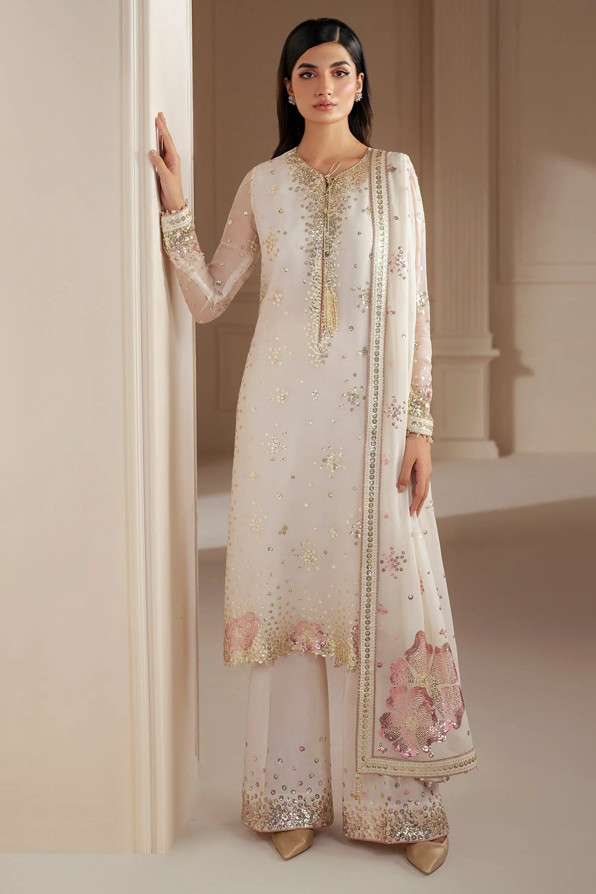 Cream Embroidered Chiffon Silk Kurta Palazzo Suit Set | PinkPhulkari USA