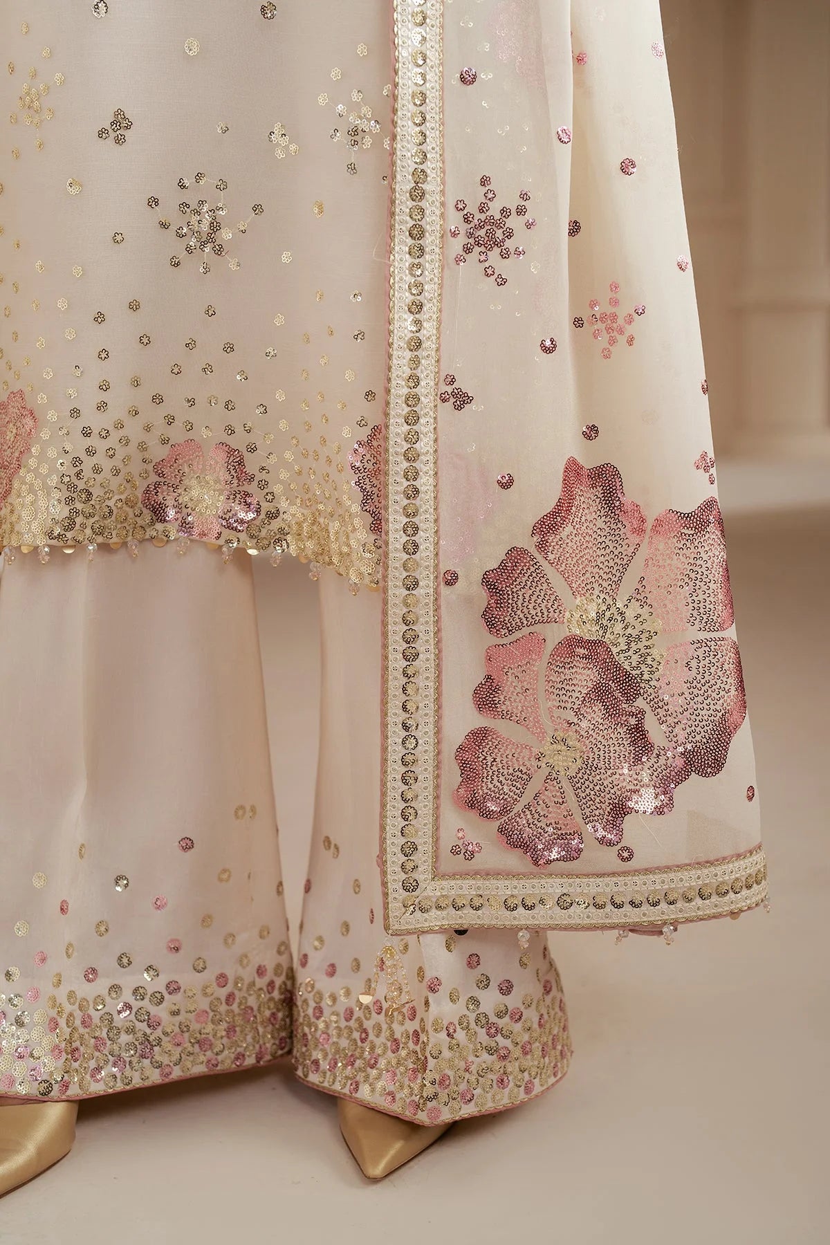 Cream Embroidered Chiffon Silk Kurta Palazzo Suit Set | PinkPhulkari USA