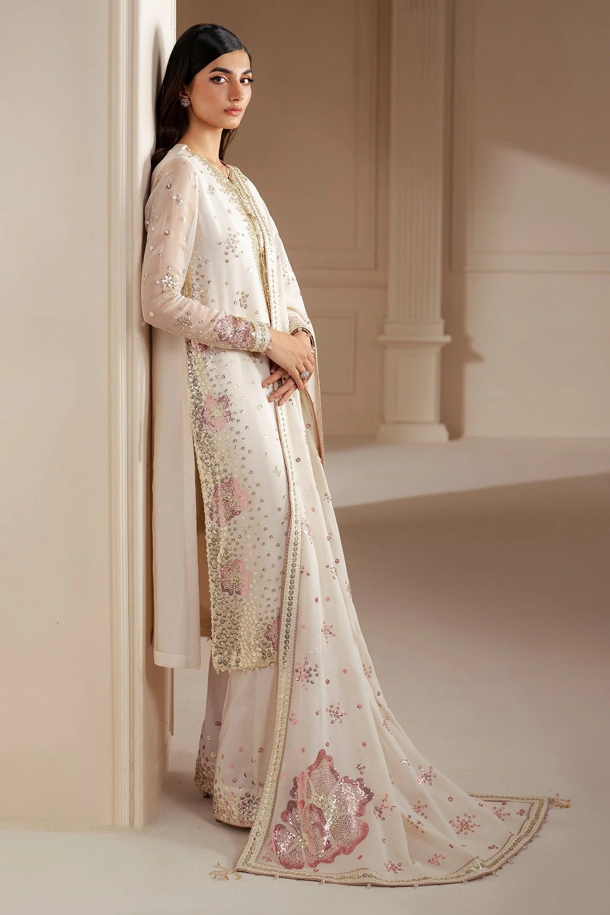 Cream Embroidered Chiffon Silk Kurta Palazzo Suit Set | PinkPhulkari USA