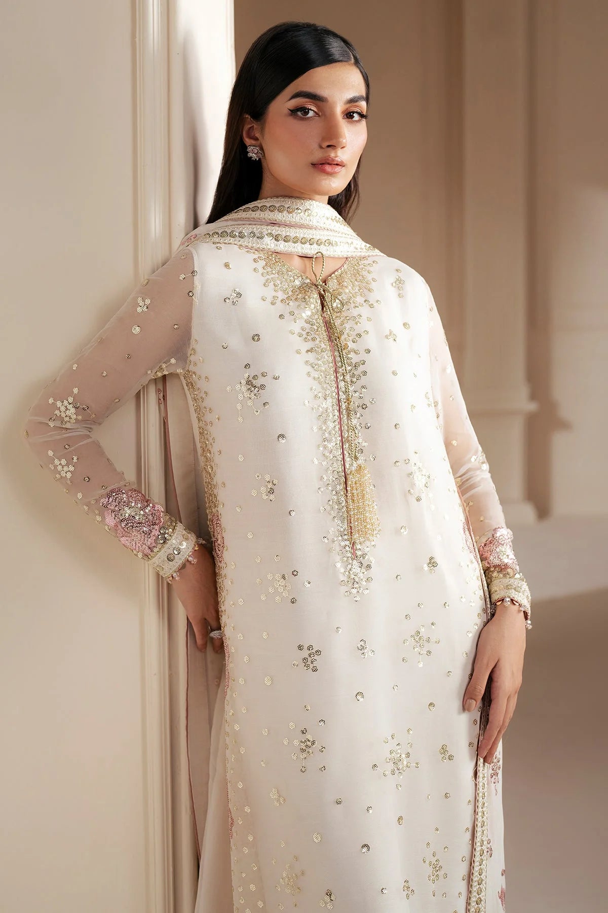 Cream Embroidered Chiffon Silk Kurta Palazzo Suit Set | PinkPhulkari USA