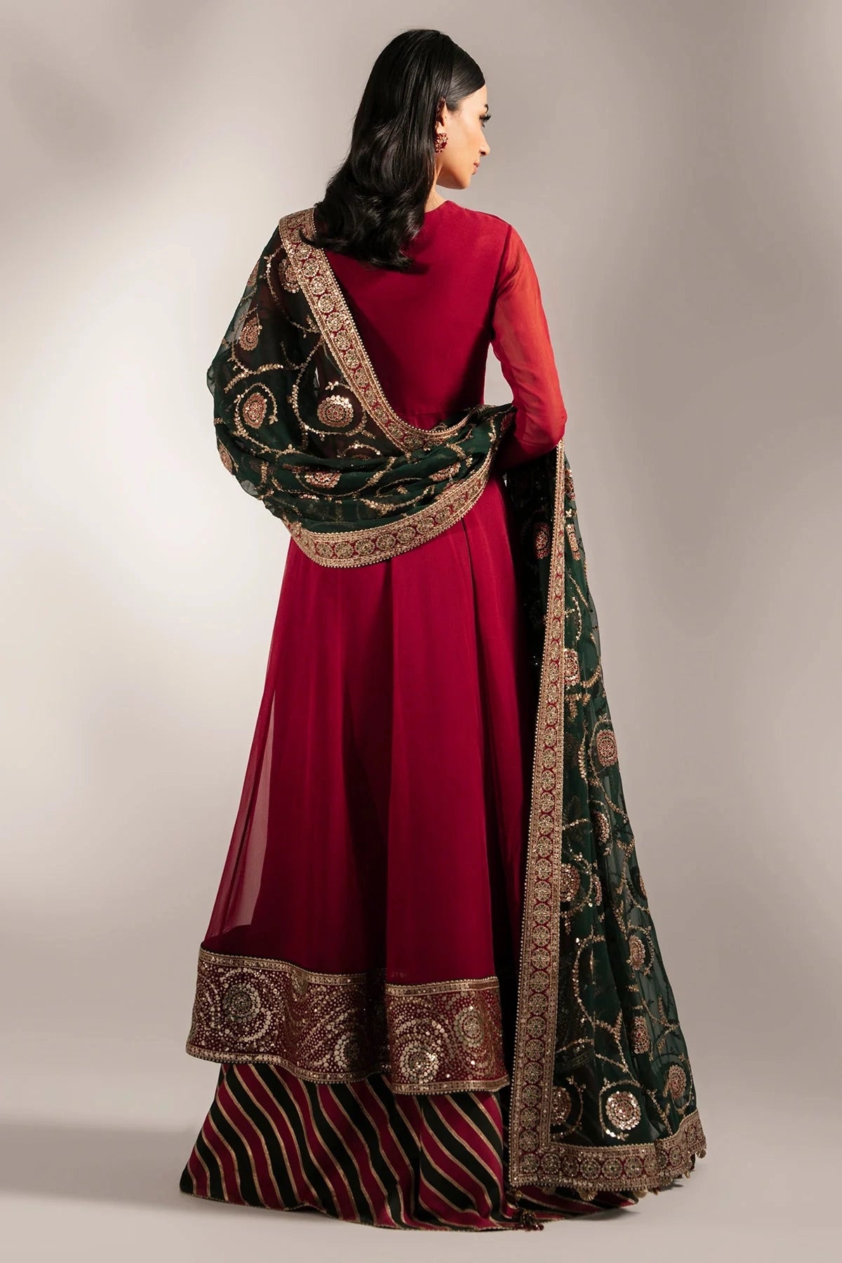 Maroon Chiffon Silk Embroidered Anarkali Lehenga Set