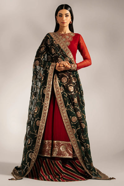 Woman wearing a traditional anarkali outfit with a maroon top and black dupatta with gold embroidery on a neutral background