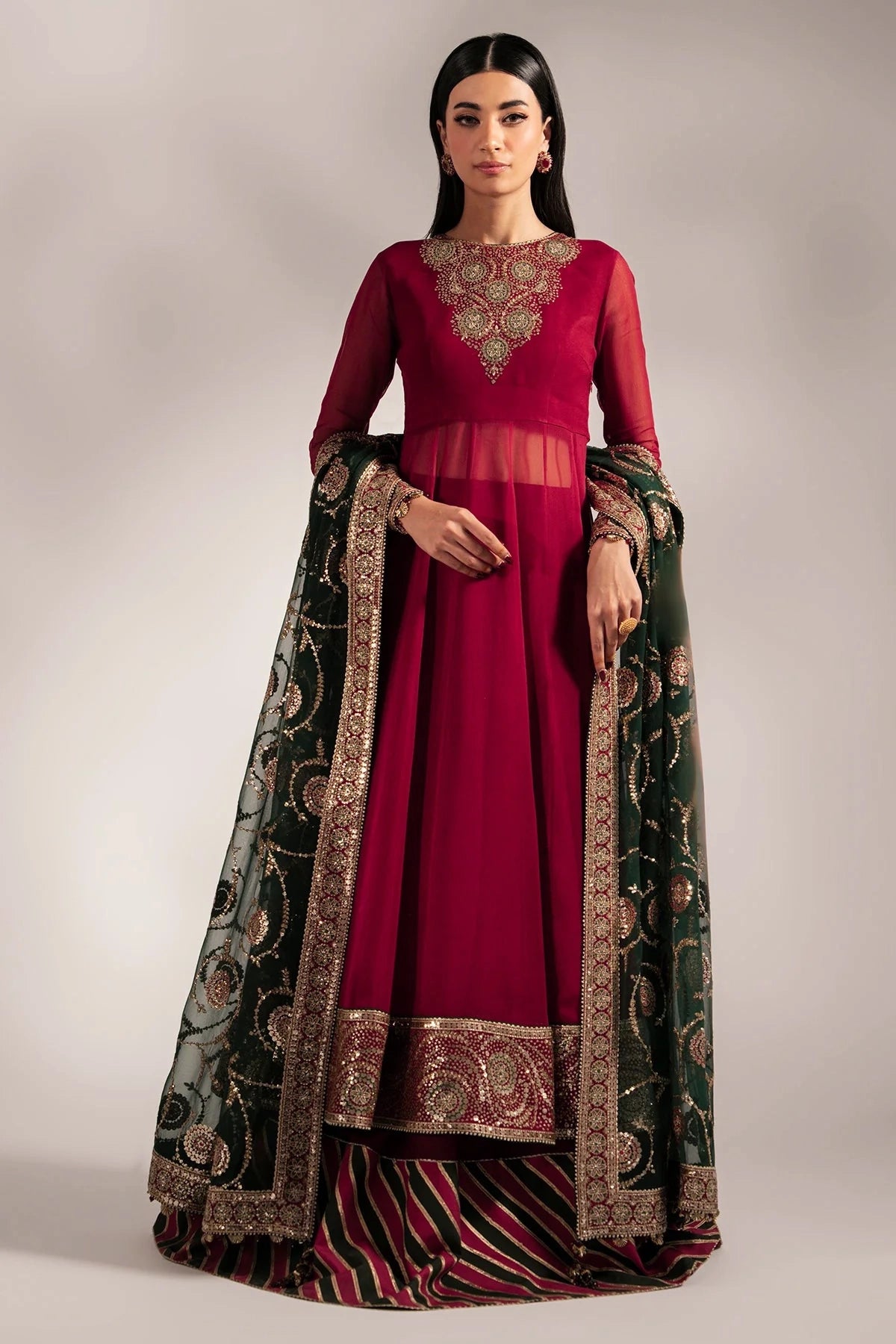 Maroon Chiffon Silk Embroidered Anarkali Lehenga Set