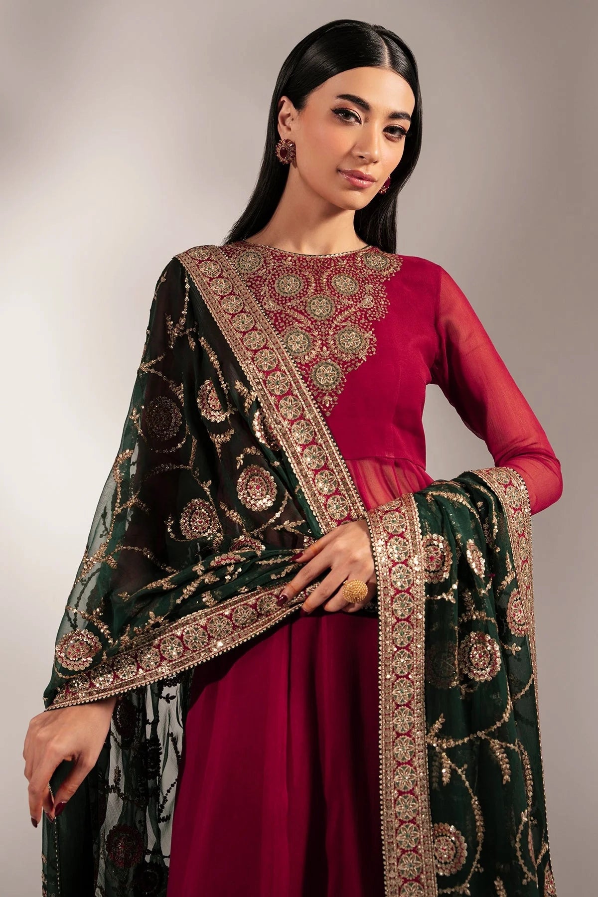 Maroon Chiffon Silk Embroidered Anarkali Lehenga Set
