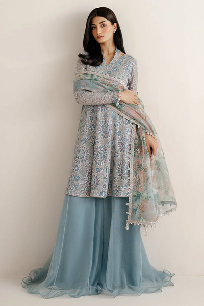 Woman wearing a traditional outfit with embroidered chiffon anarkali top and light blue palazzo pants on a plain backgroundWoman wearing a traditional outfit with embroidered chiffon anarkali top and light blue palazzo pants on a plain background