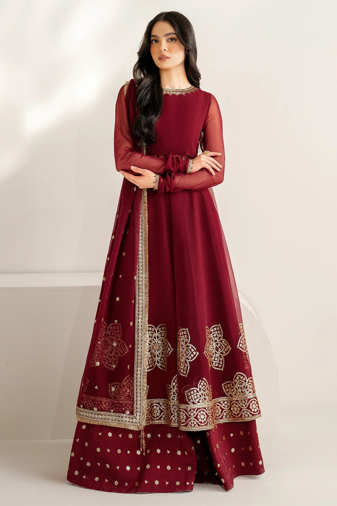 Buy Maroon Chiffon Embroidered Anarkali Lehenga Set Online