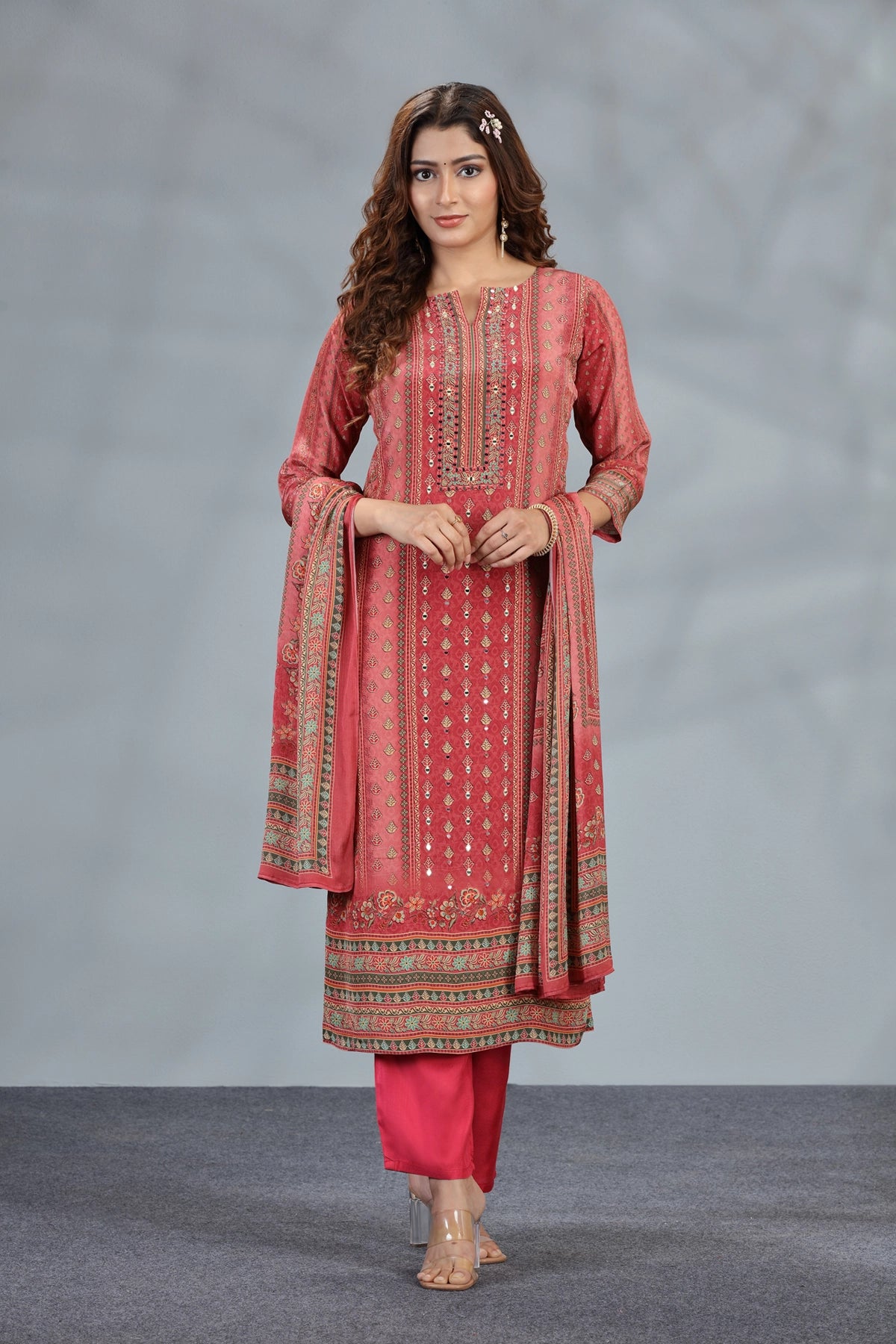 Crepe Printed & Hand Embroidered Kurta Set With Chinon Dupatta