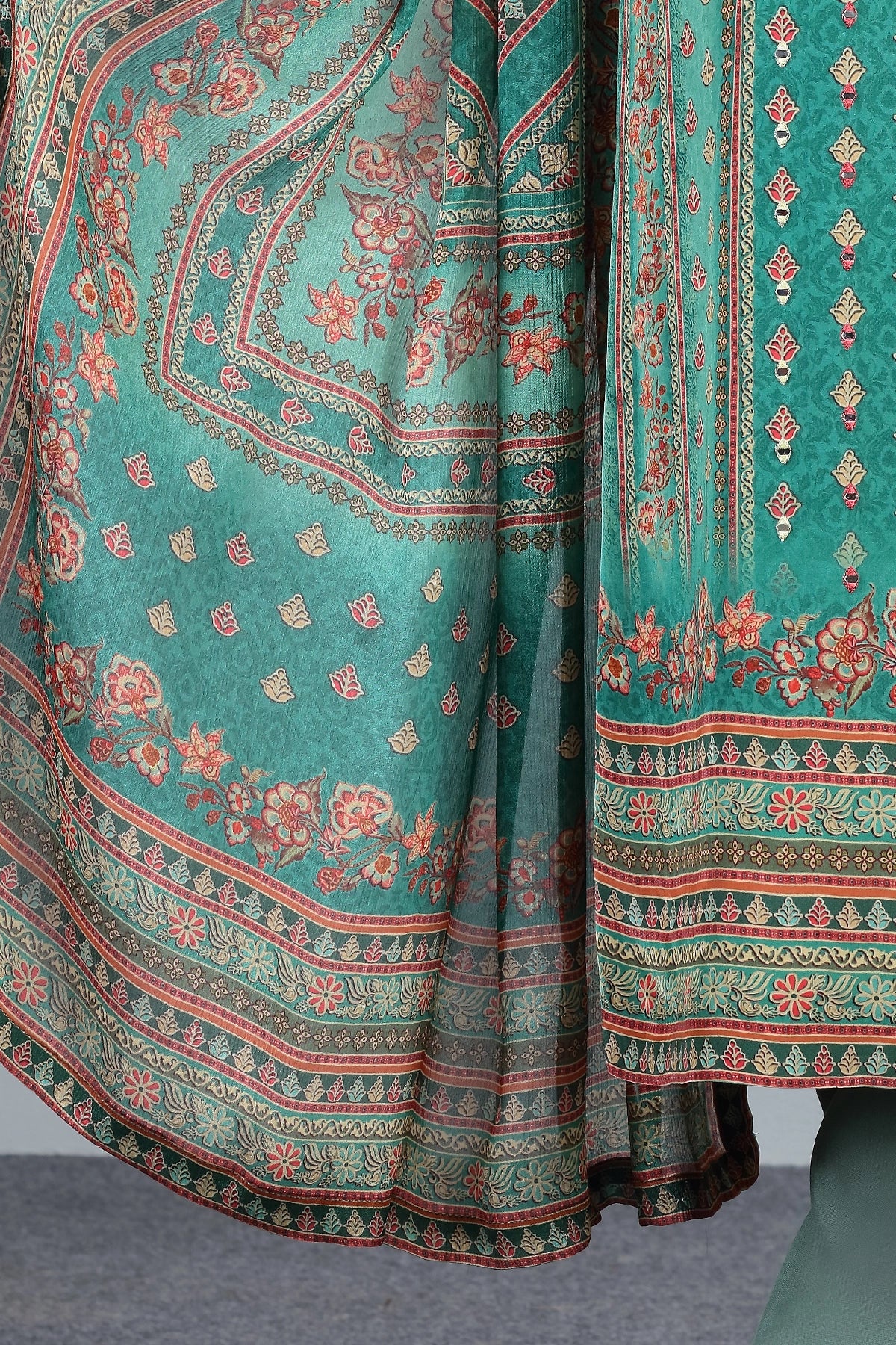 Green Crepe Printed & Hand Embroidered Kurta Set With Chinon Dupatta