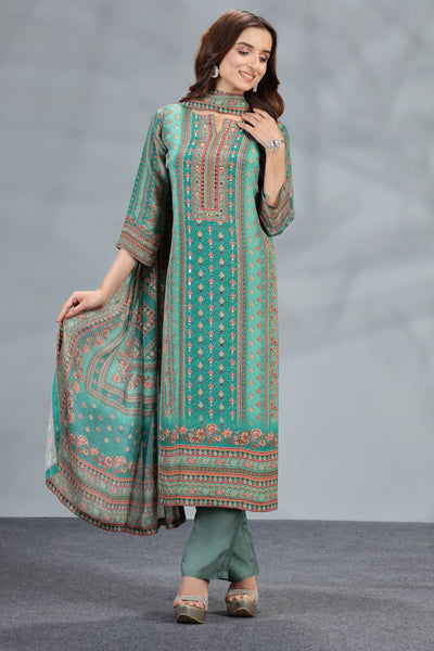 Green Crepe Printed & Hand Embroidered Kurta Set With Chinon DupattaGreen Crepe Printed & Hand Embroidered Kurta Set With Chinon Dupatta