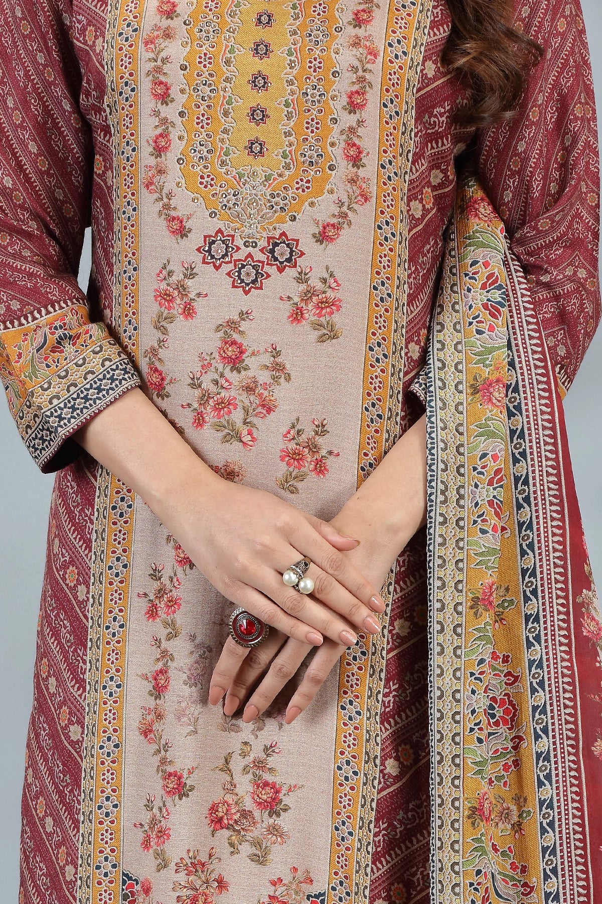 Maroon Crepe Printed Kurta Set With Chinon Dupatta