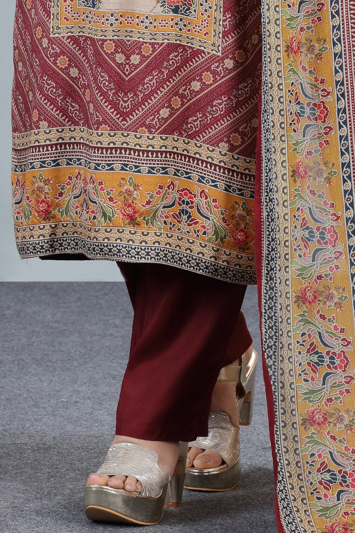 Maroon Crepe Printed Kurta Set With Chinon Dupatta