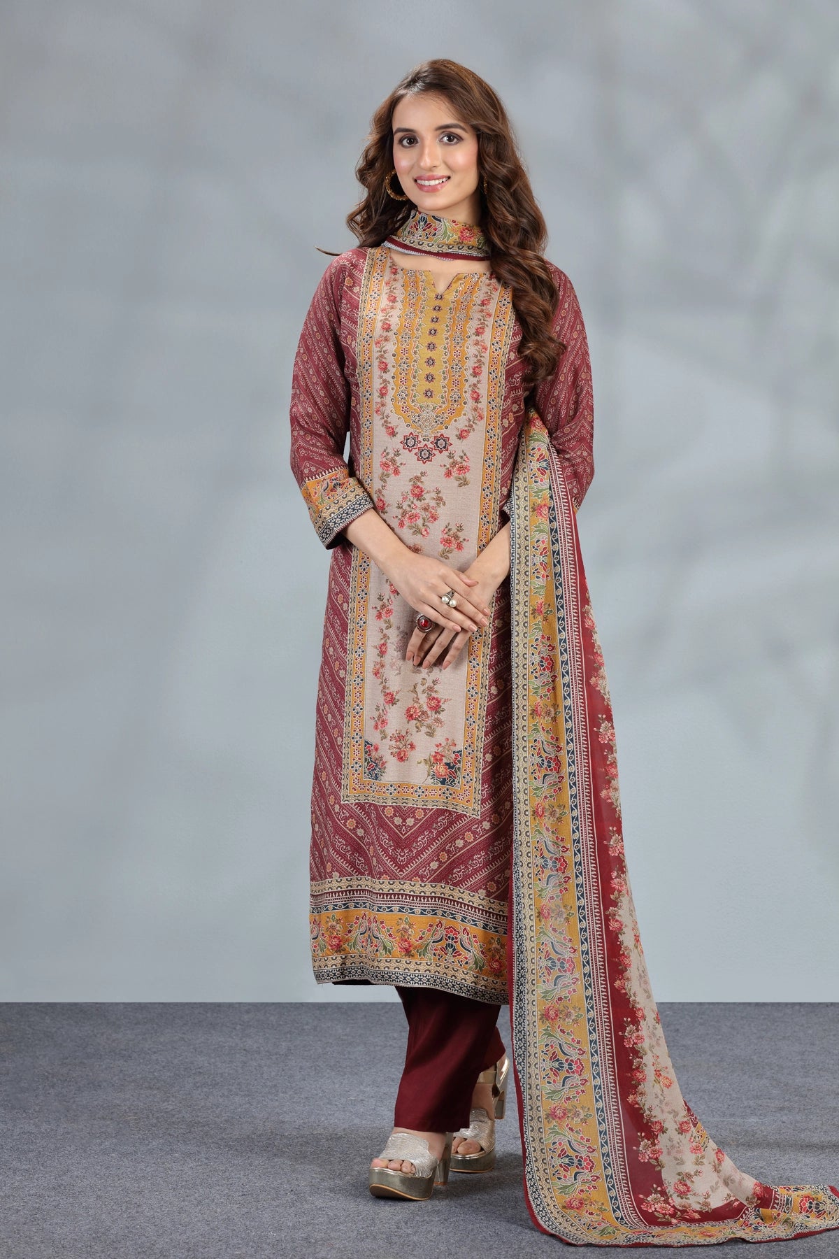 Maroon Crepe Printed Kurta Set With Chinon Dupatta