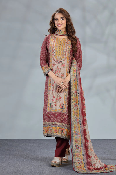 Maroon Crepe Printed Kurta Set With Chinon DupattaMaroon Crepe Printed Kurta Set With Chinon Dupatta