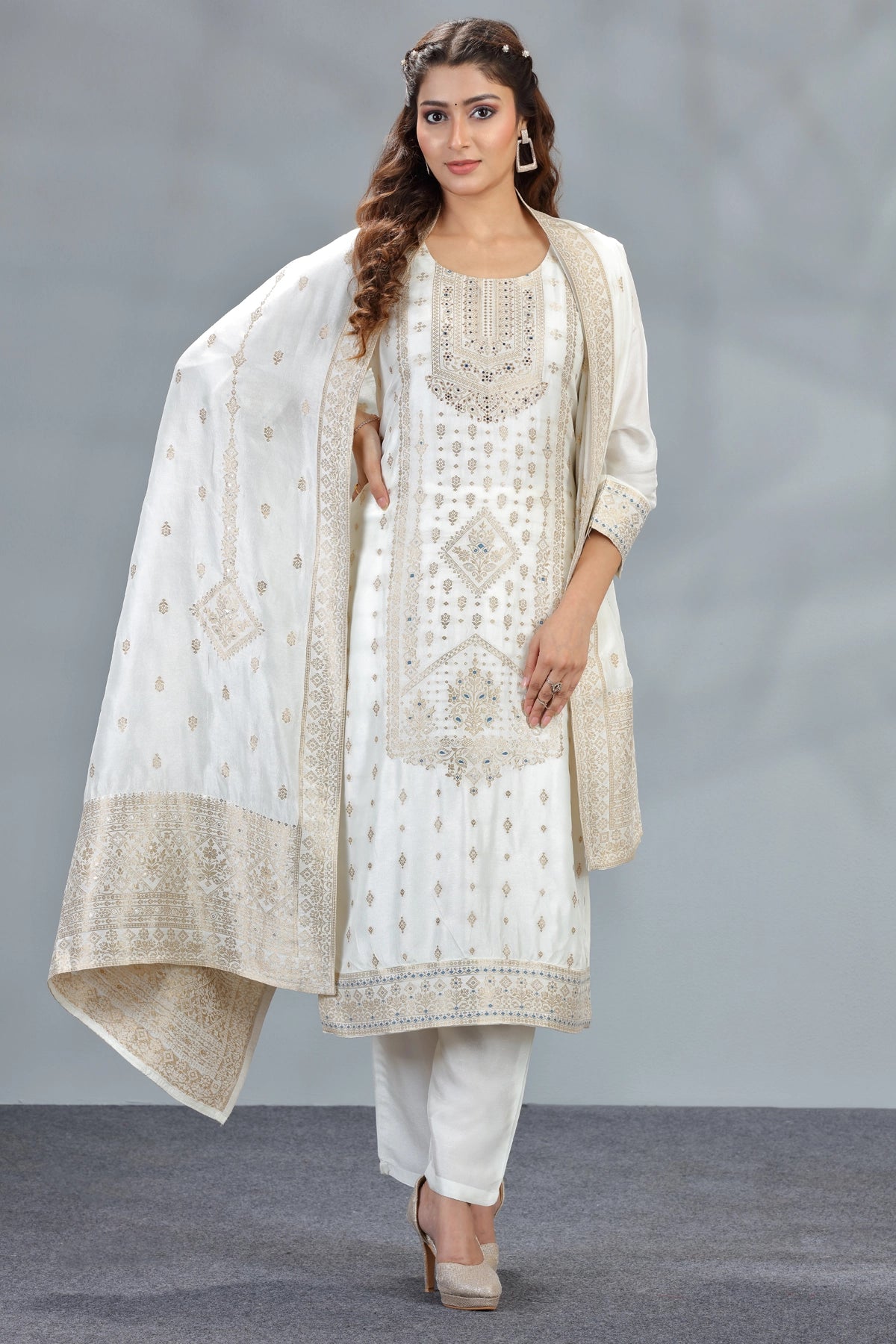 MIMOSA Women's Printed Straight Kurta - White Long Calf-Length Tunic Top With Round Neck - View #4