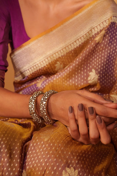 Close-up of a person wearing a traditional saree with gold jewelry and purple blouse.Close-up of a person wearing a traditional saree with gold jewelry and purple blouse.